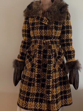 Genuine Coat Vintage Plaid Tweed Princess Swing Fur Collar Belted Mustard S M
